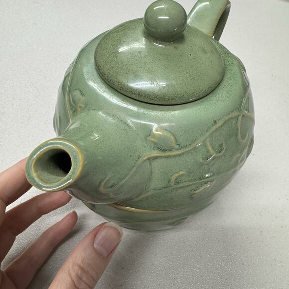 Pier 1 Tea One 3 Pc. Stoneware Teapot & Cup Set Raised Design Sage Green. - Picture 2 of 7